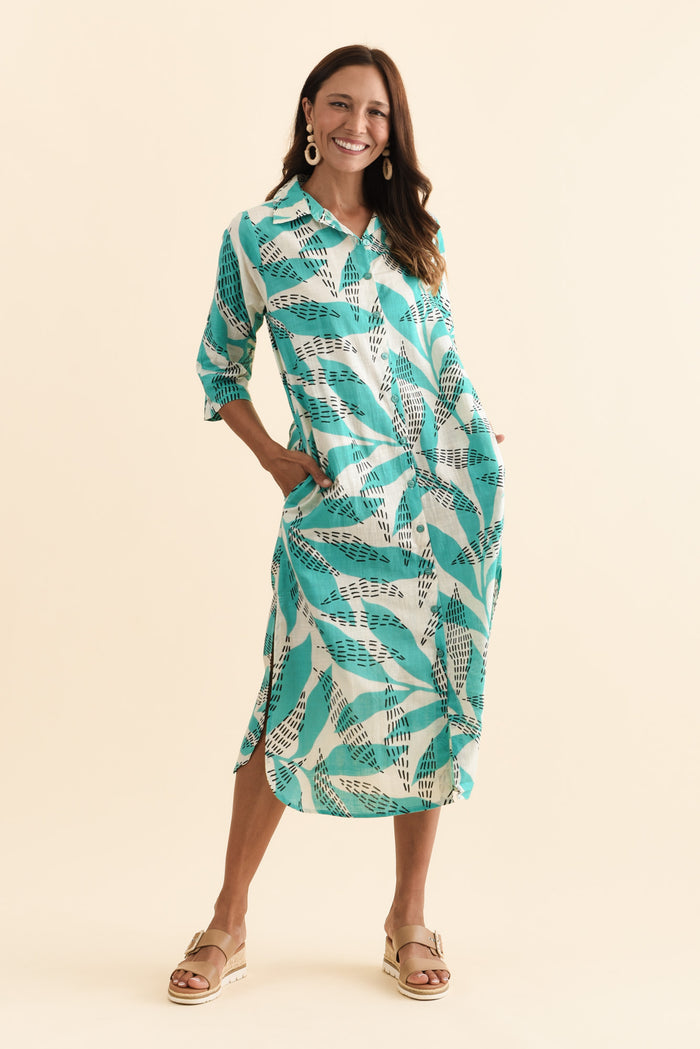 Tricia Teal Fern Cotton Shirt Dress,Brunette model,alt text|model:Cara