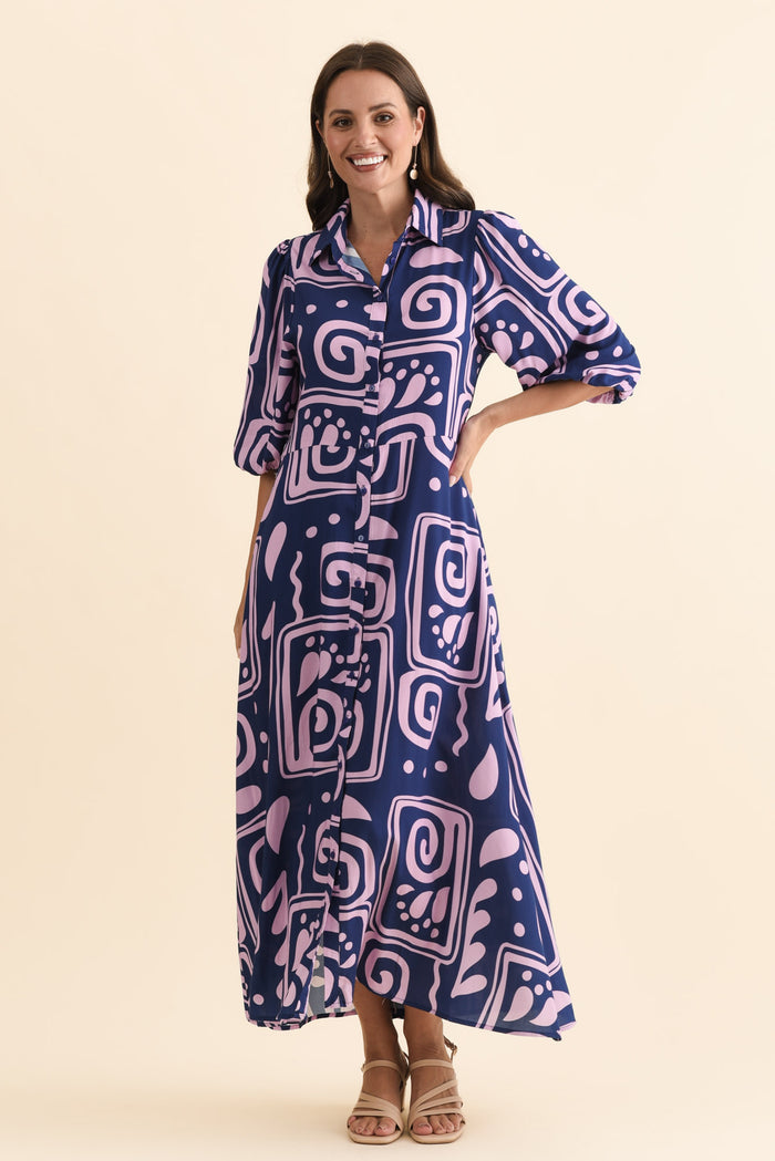 Trinity Navy Abstract Tie Dress,Brunette model,alt text|model:MJ