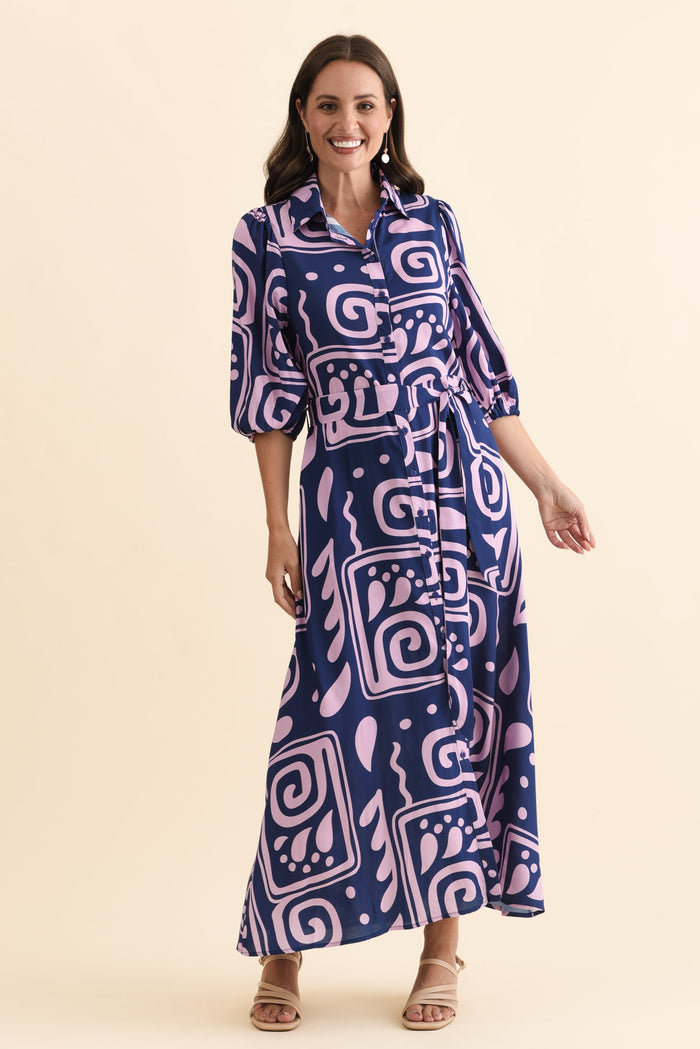 Trinity Navy Abstract Tie Dress,Brunette model,alt text|model:MJ