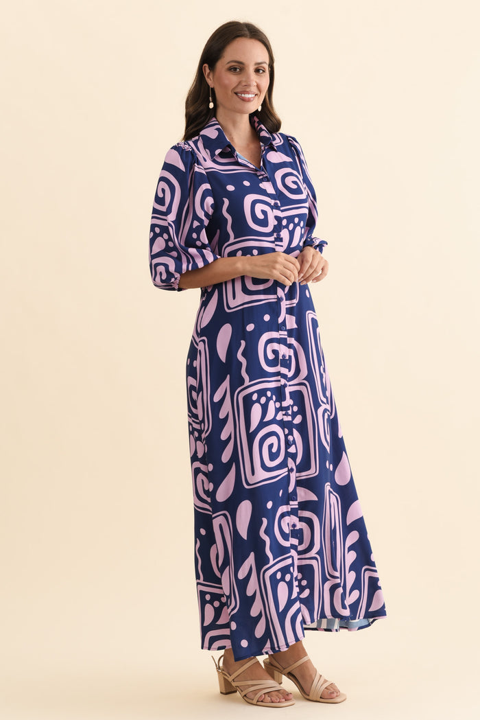 Trinity Navy Abstract Tie Dress,Brunette model,alt text|model:MJ