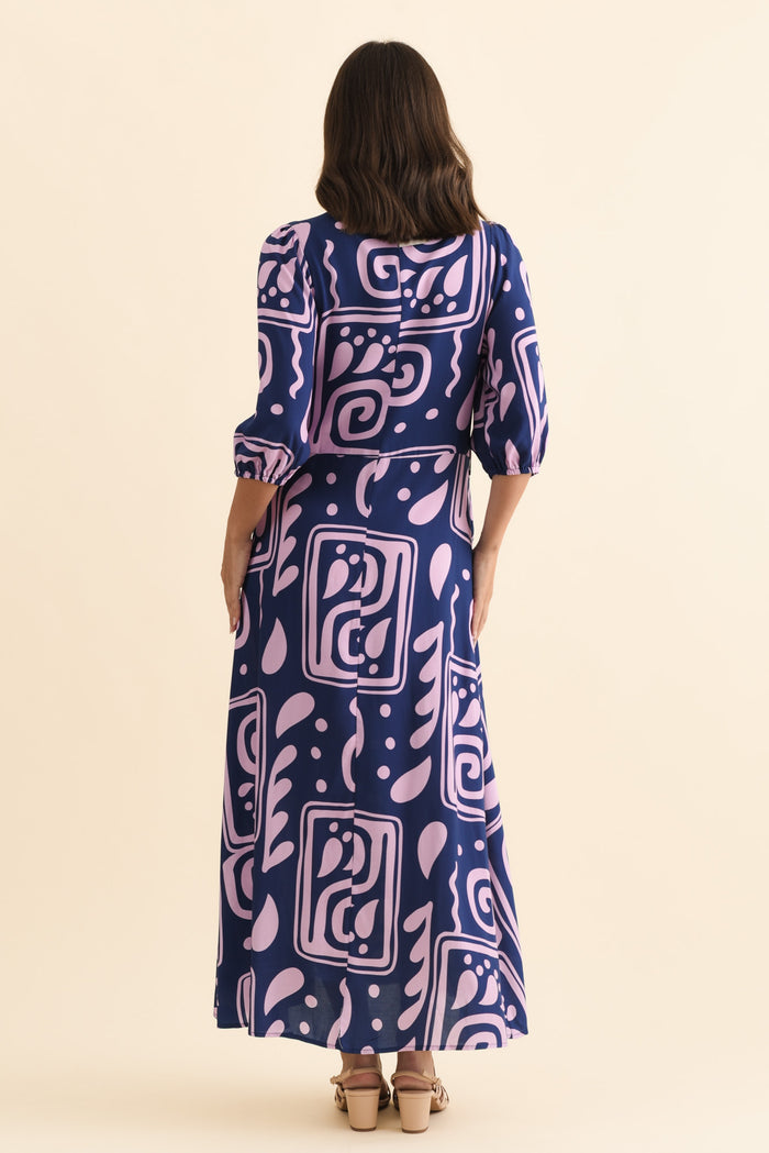 Trinity Navy Abstract Tie Dress,Brunette model,alt text|model:MJ