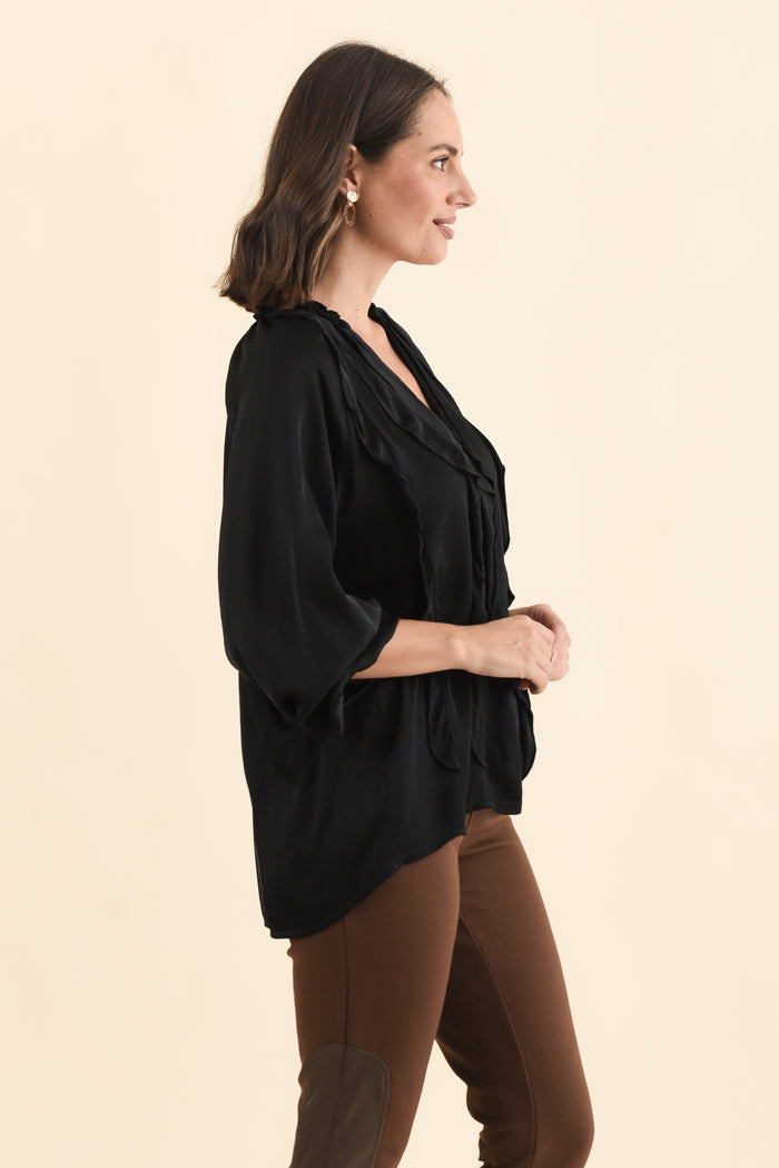 Trove Black Silk Ruffle Top