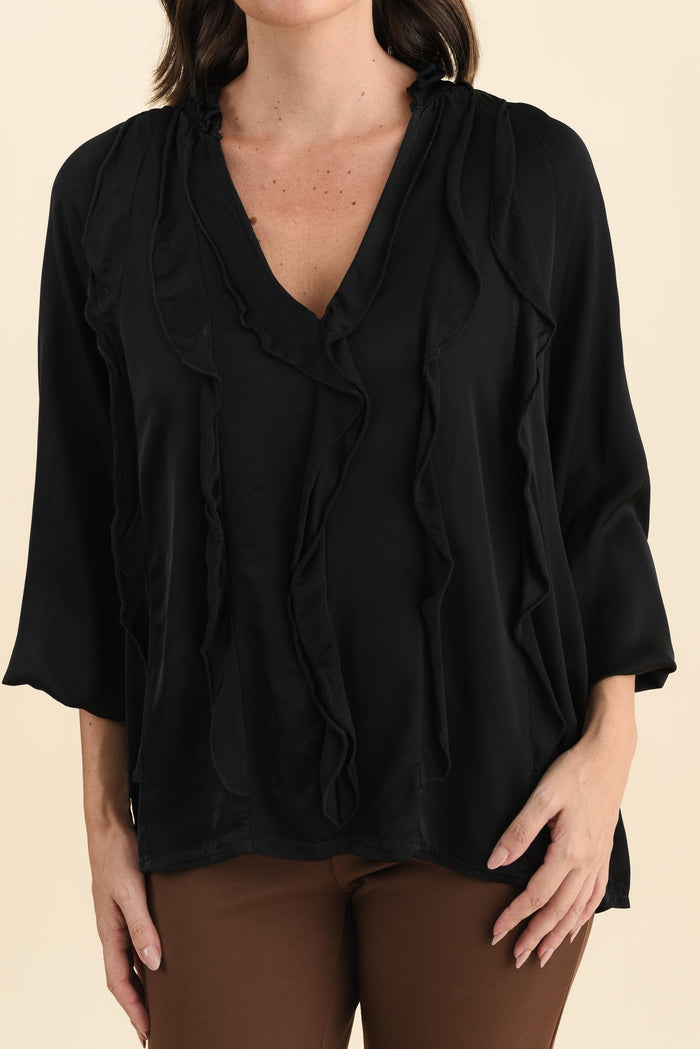 Trove Black Silk Ruffle Top