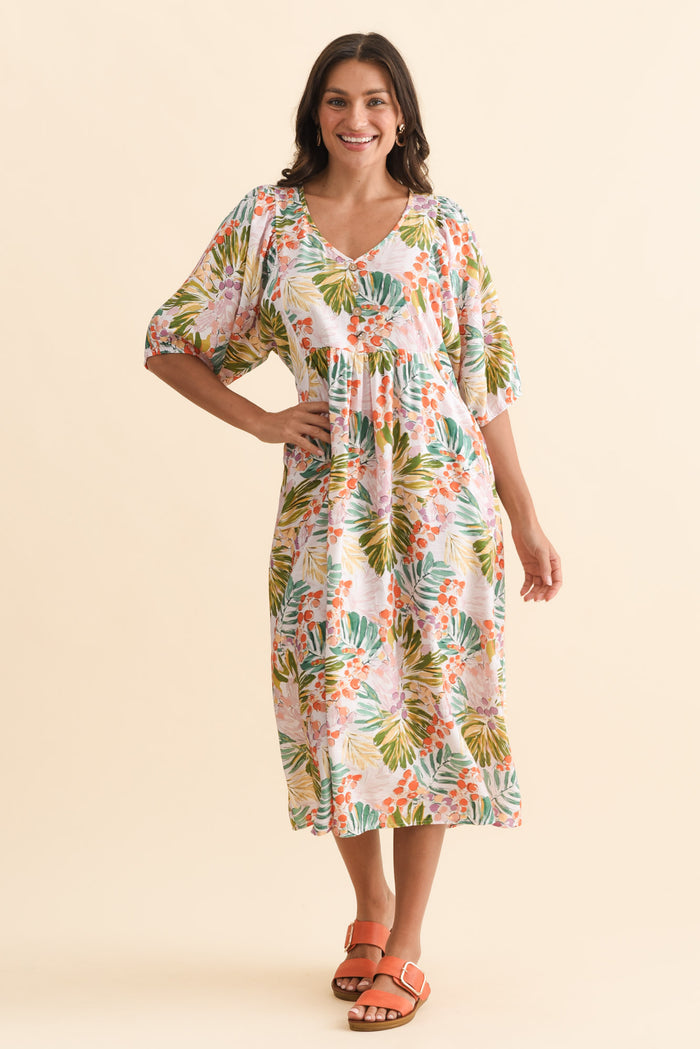 Troyanne Pink Jungle Midi Dress,Brunette model,alt text|model:Brontie