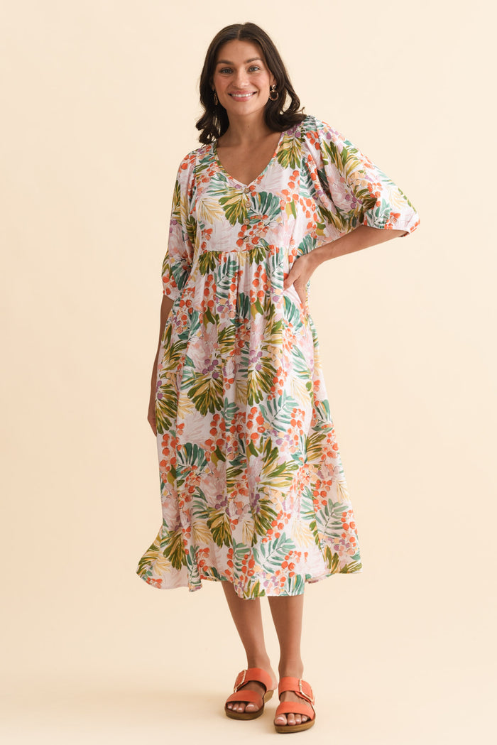 Troyanne Pink Jungle Midi Dress,Brunette model,alt text|model:Brontie
