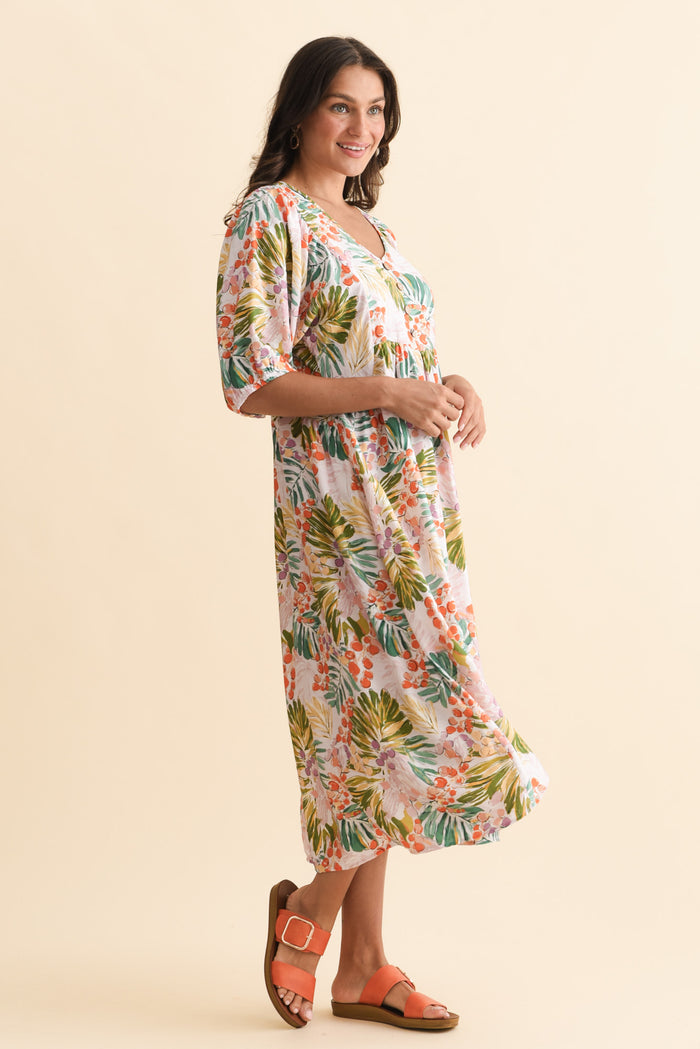 Troyanne Pink Jungle Midi Dress,Brunette model,alt text|model:Brontie