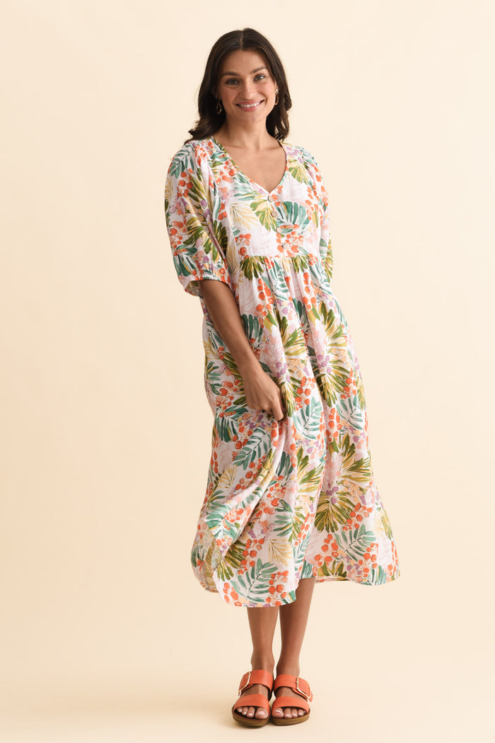 Troyanne Pink Jungle Midi Dress,Brunette model,alt text|model:Brontie
