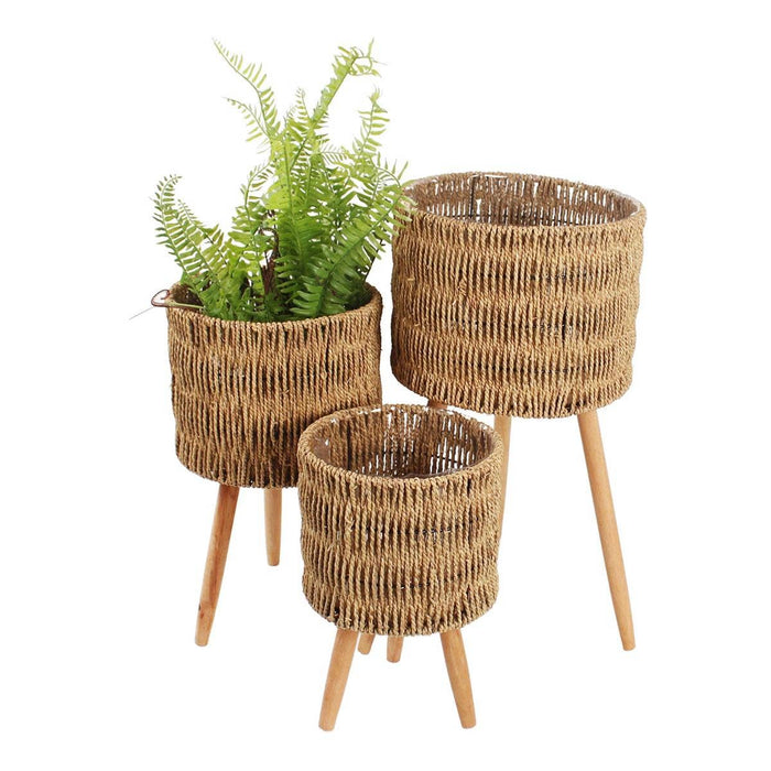 TRUU Set/3 Planters w/Plastic Lining +Wood Legs, Natural, Grass