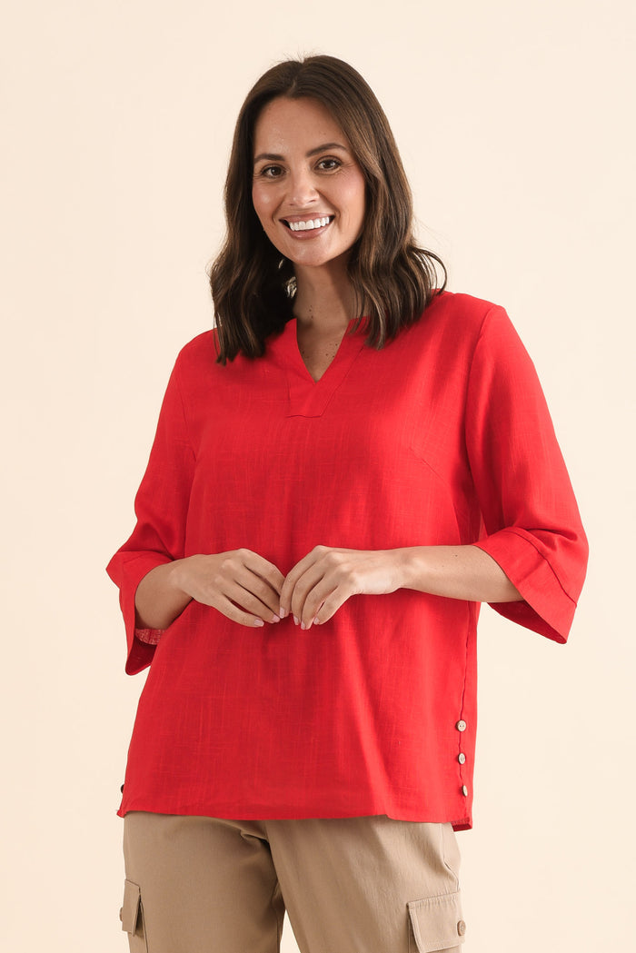 Turner Red Linen Cotton Top,Front,Brunette model,alt text|model:MJ