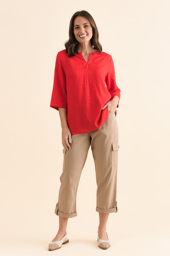 Turner Red Linen Cotton Top,Full Body,Brunette model,alt text|model:MJ
