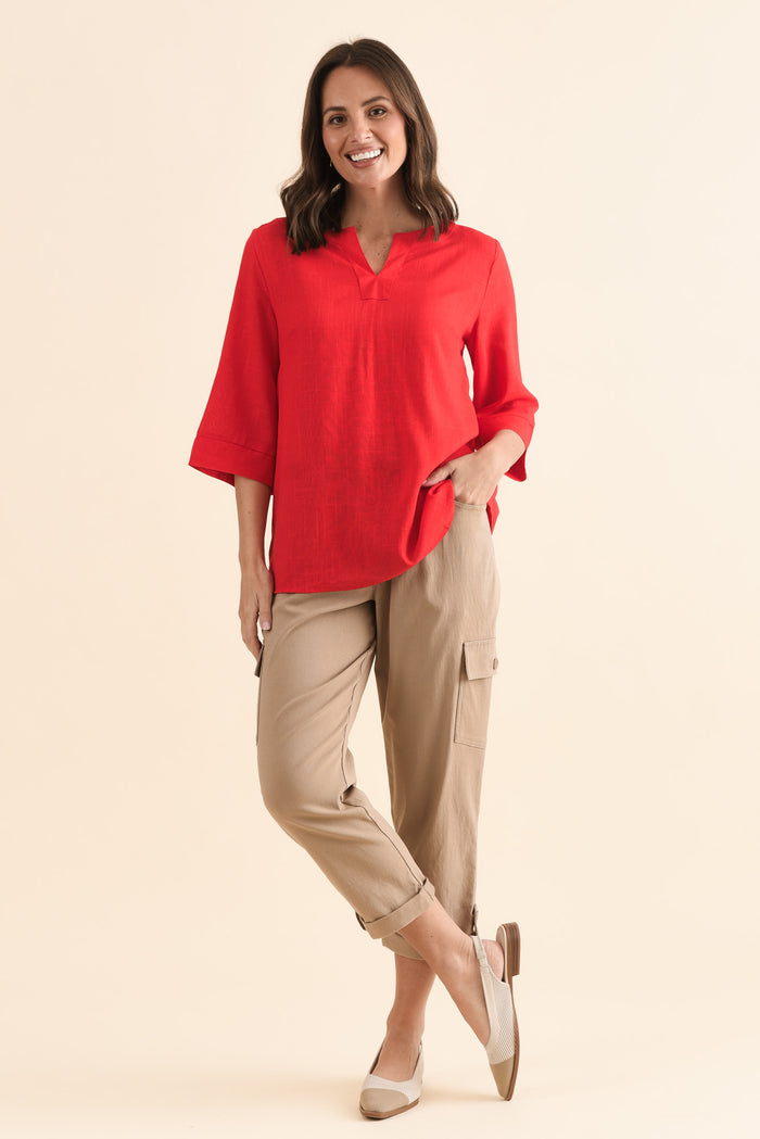 Turner Red Linen Cotton Top,Full Body,Brunette model,alt text|model:MJ