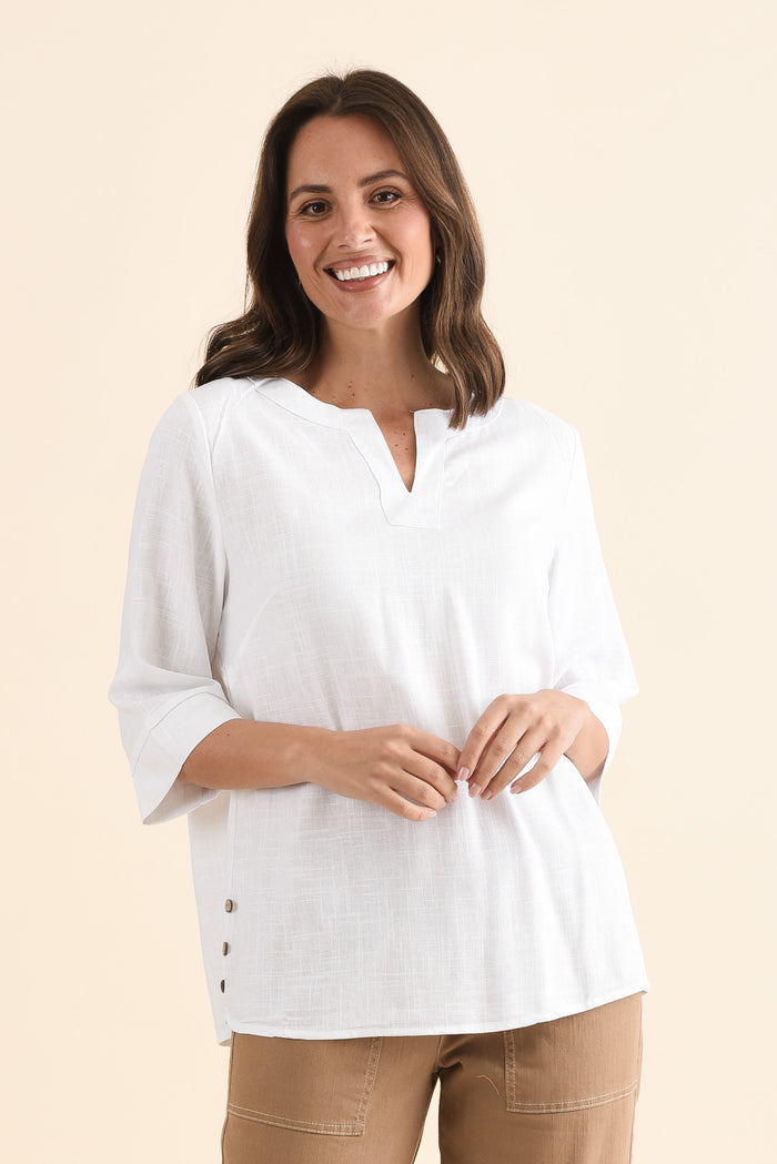 Turner White Linen Cotton Top,Front,Brunette model,alt text|model:MJ