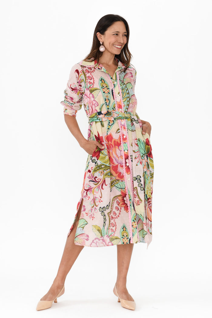 Vada Pink Floral Cotton Shirt Dress,Brunette model,alt text|model:Cara