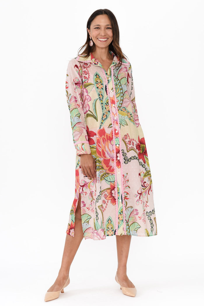 Vada Pink Floral Cotton Shirt Dress,Brunette model,alt text|model:Cara