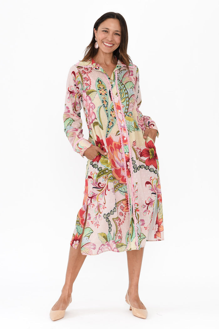 Vada Pink Floral Cotton Shirt Dress,Brunette model,alt text|model:Cara
