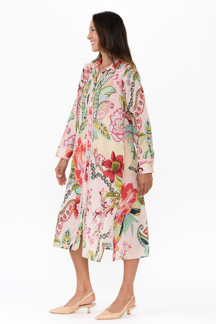 Vada Pink Floral Cotton Shirt Dress,Brunette model,alt text|model:Cara