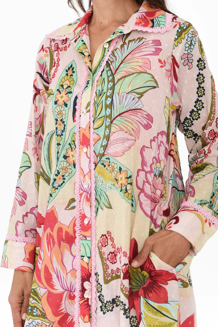 Vada Pink Floral Cotton Shirt Dress,Brunette model,alt text|model:Cara