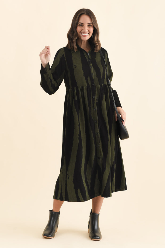 Vani Olive Stripe Cotton Button Dress,Brunette model,alt text|model:MJ