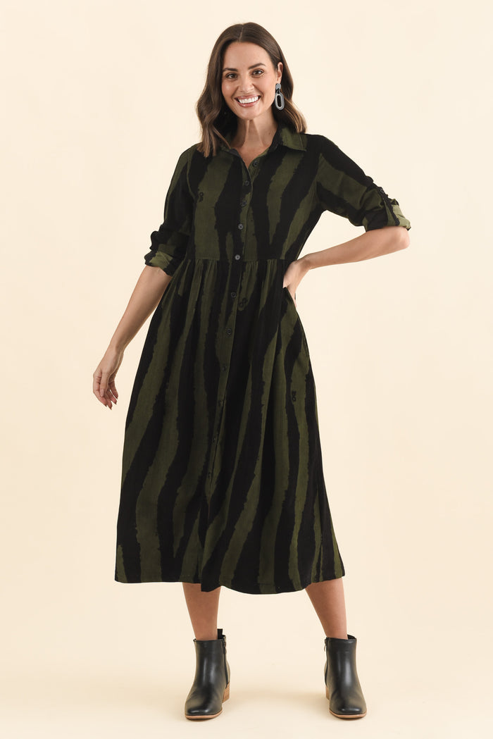 Vani Olive Stripe Cotton Button Dress,Brunette model,alt text|model:MJ