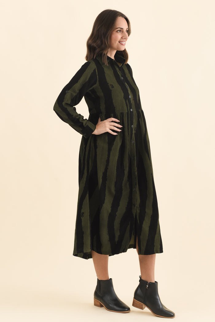 Vani Olive Stripe Cotton Button Dress,Brunette model,alt text|model:MJ