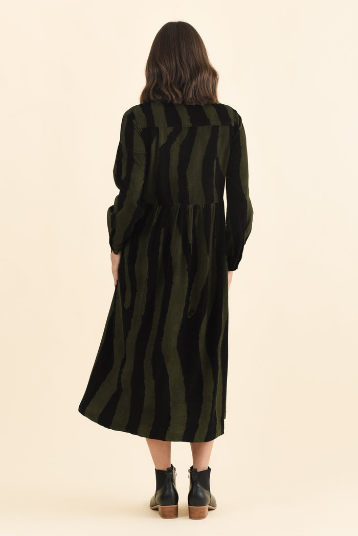 Vani Olive Stripe Cotton Button Dress,Brunette model,alt text|model:MJ