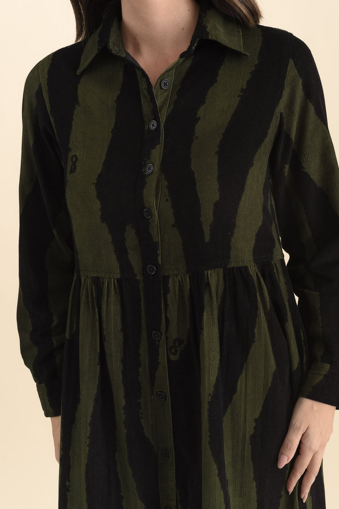 Vani Olive Stripe Cotton Button Dress,Brunette model,alt text|model:MJ