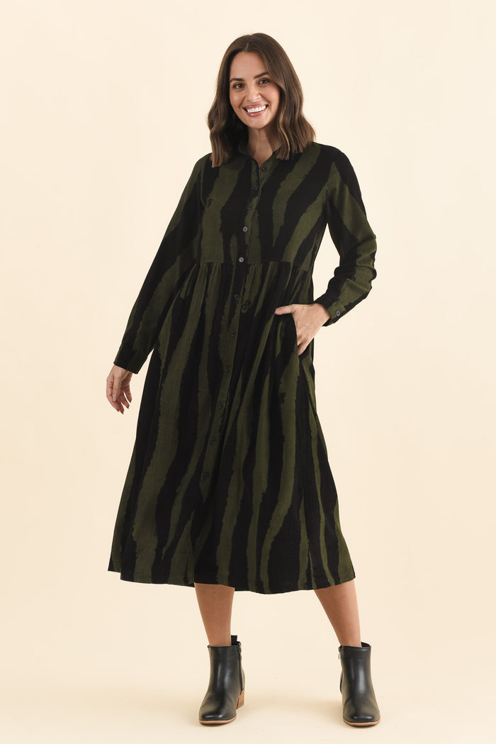 Vani Olive Stripe Cotton Button Dress,Brunette model,alt text|model:MJ