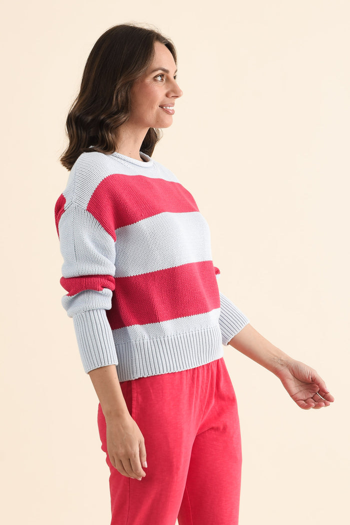 Vesi Red Stripe Cotton Knit Jumper,brunette model,Side of Outfit,alt text|model:MJ