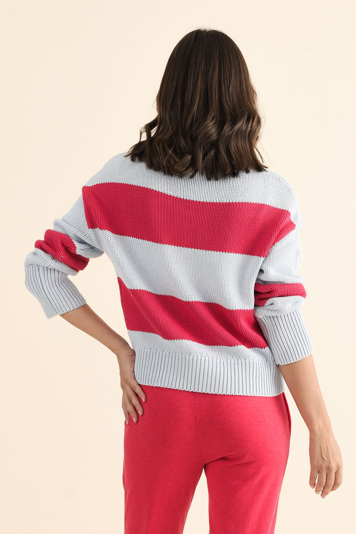 Vesi Red Stripe Cotton Knit Jumper,brunette model,Back of Outfit,alt text|model:MJ