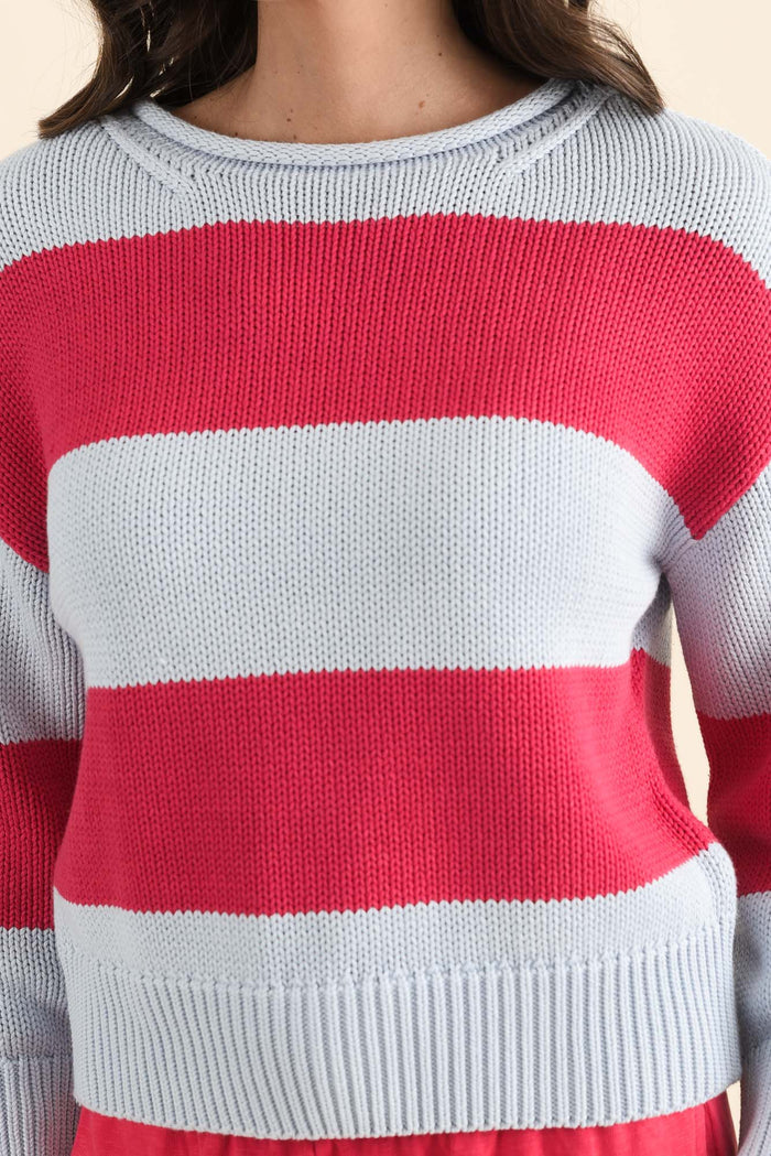 Vesi Red Stripe Cotton Knit Jumper,brunette model,Close up of outfit,alt text|model:MJ