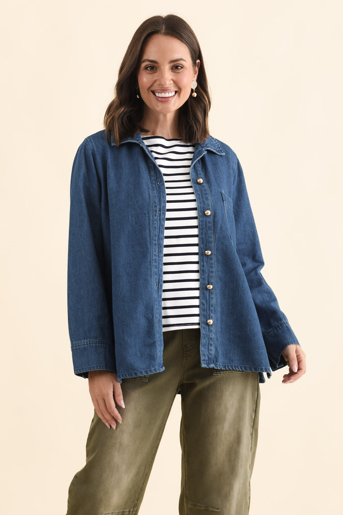 Vespa Mid Blue Denim Shirt,Brunette model,alt text|model:MJ