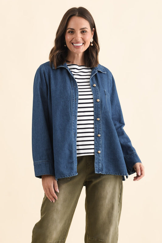 Vespa Mid Blue Denim Shirt,Brunette model,alt text|model:MJ