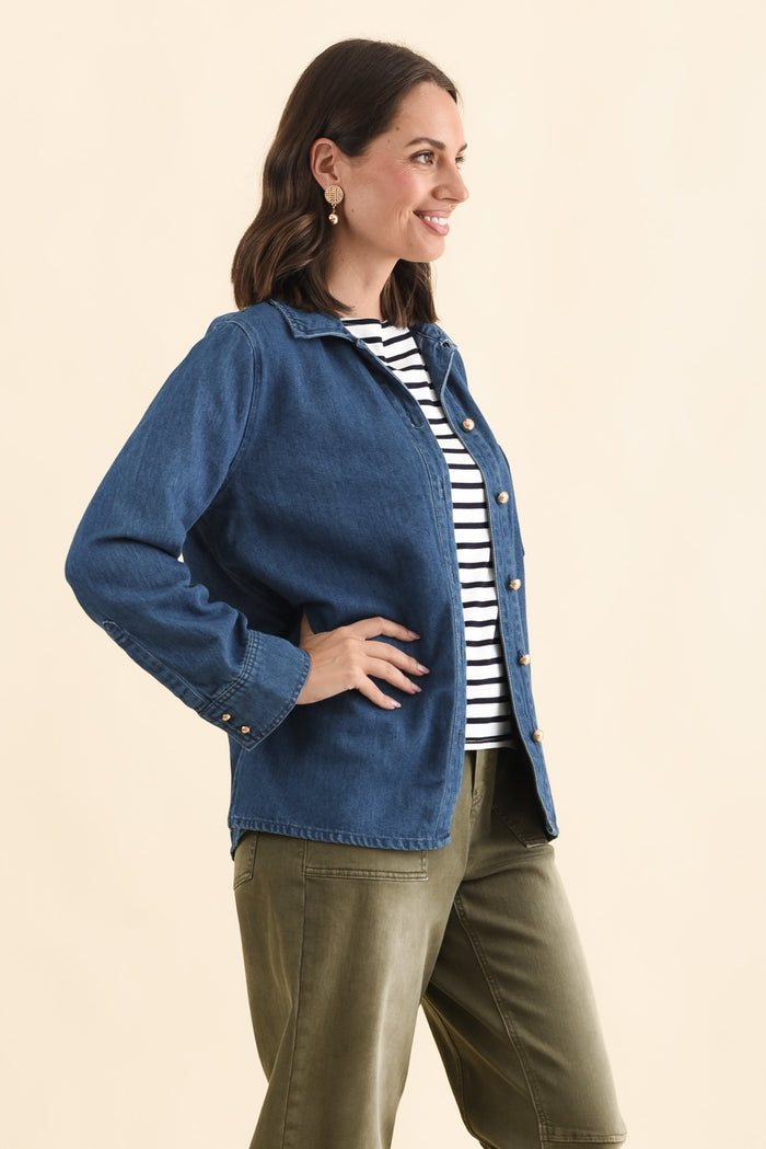 Vespa Mid Blue Denim Shirt,Brunette model,alt text|model:MJ