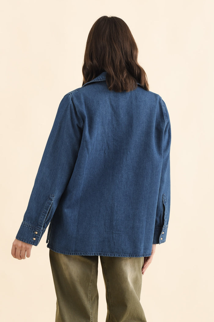 Vespa Mid Blue Denim Shirt,Brunette model,alt text|model:MJ