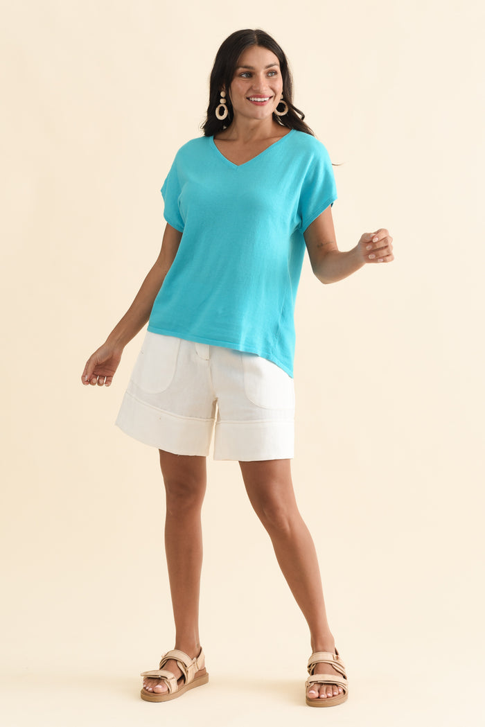 Via Blue Cotton V Neck Knit Top,Brunette model,alt text|model:Brontie