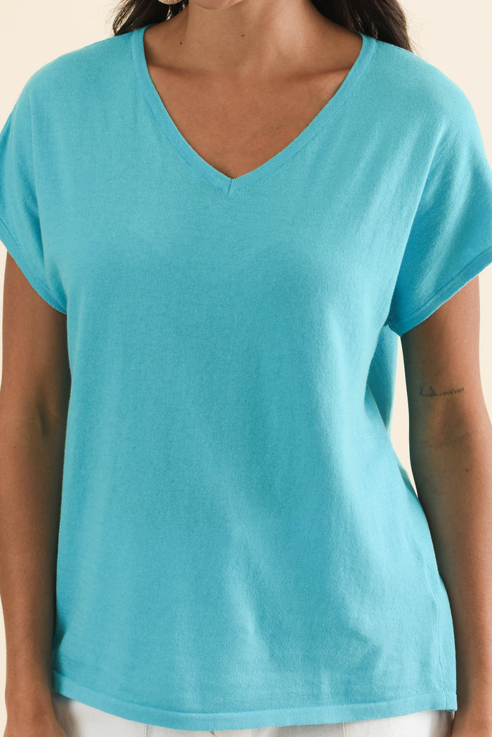 Via Blue Cotton V Neck Knit Top,Brunette model,alt text|model:Brontie