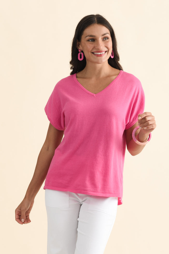 Via Hot Pink Cotton V Neck Knit Top,Brunette model,alt text|model:Brontie