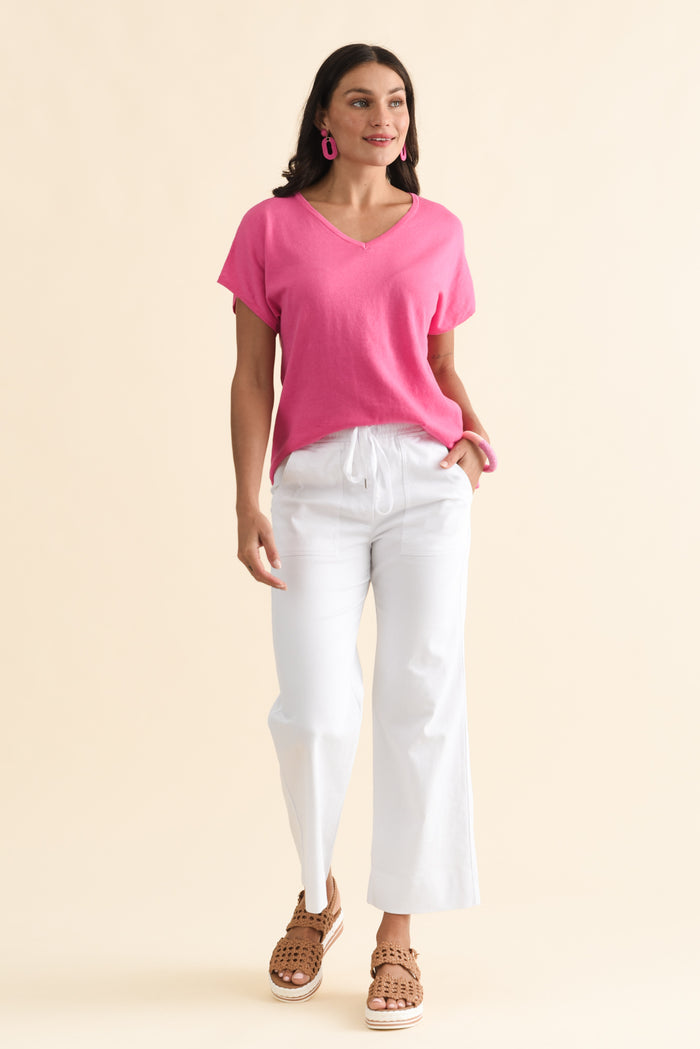 Via Hot Pink Cotton V Neck Knit Top,Brunette model,alt text|model:Brontie