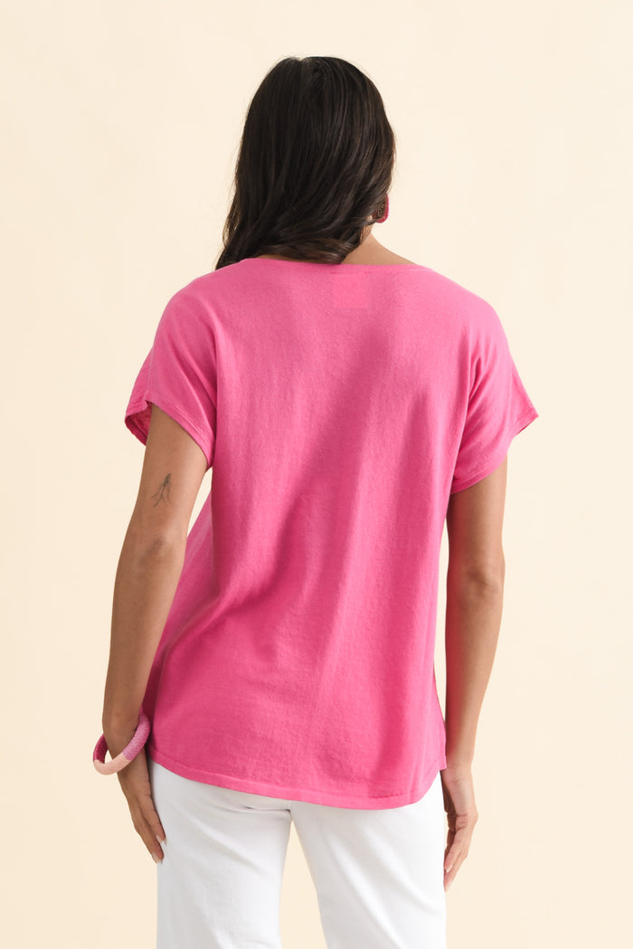 Via Hot Pink Cotton V Neck Knit Top,Brunette model,alt text|model:Brontie