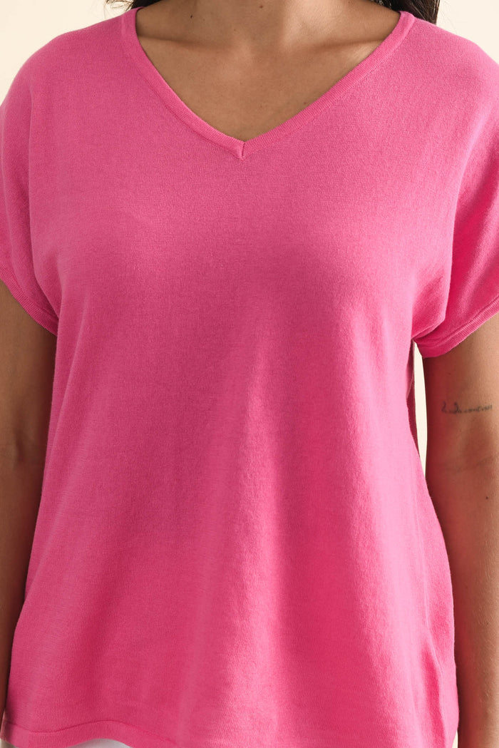 Via Hot Pink Cotton V Neck Knit Top,Brunette model,alt text|model:Brontie