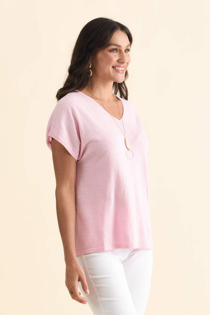 Via Pink Cotton V Neck Knit Top,Brunette model,alt text|model:Brontie