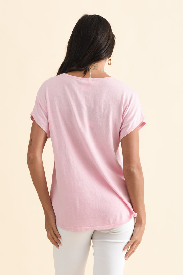 Via Pink Cotton V Neck Knit Top,Brunette model,alt text|model:Brontie