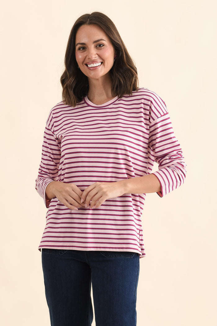 Vienna Purple Stripe Long Sleeve Tee,Brunette model,alt text|model:MJ