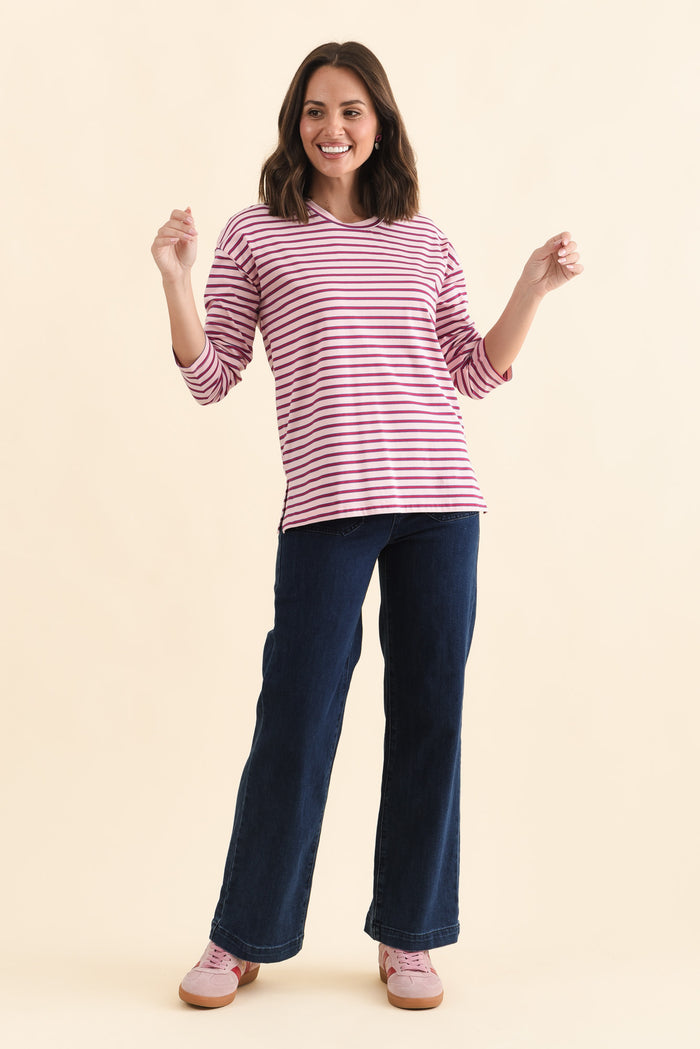 Vienna Purple Stripe Long Sleeve Tee,Brunette model,alt text|model:MJ
