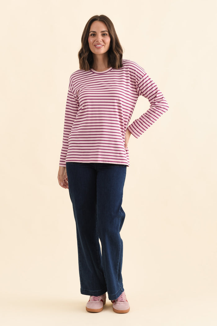 Vienna Purple Stripe Long Sleeve Tee,Brunette model,alt text|model:MJ