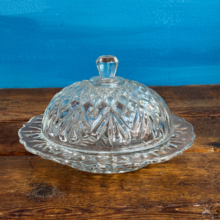 Vintage MCM Diamond Cut Lidded Glass Serving Dish Tray
