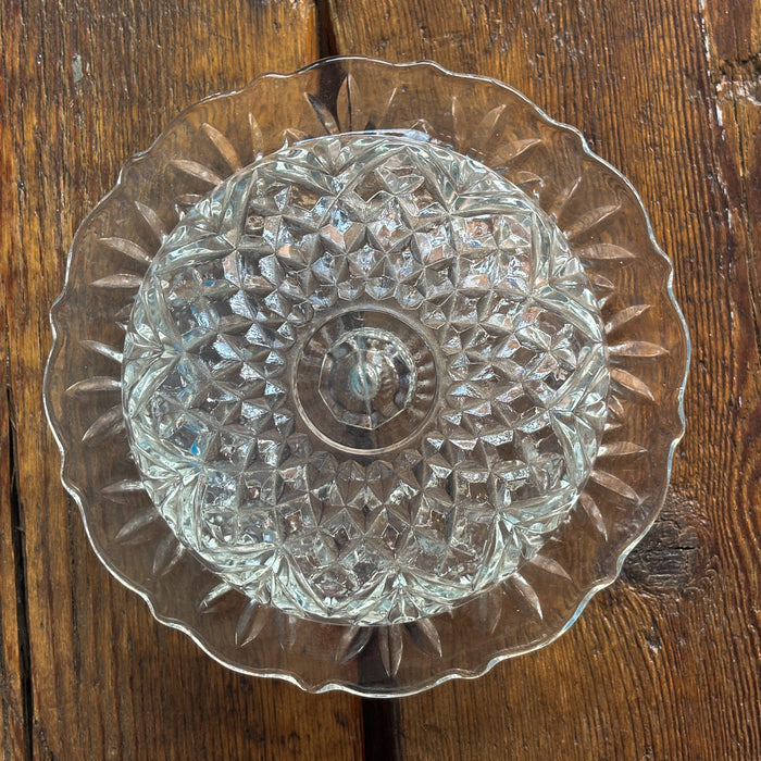 Vintage MCM Diamond Cut Lidded Glass Serving Dish Tray