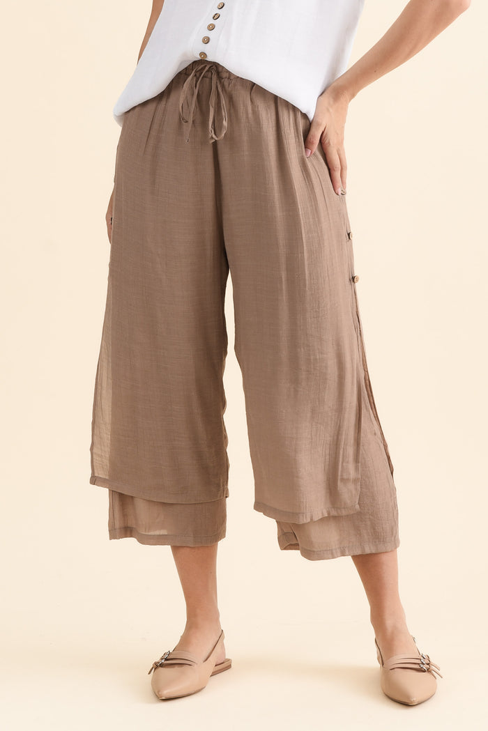 Watson Mocha Cotton Blend Layered Pants,brunette model,Front of Outfit,alt text|model:MJ
