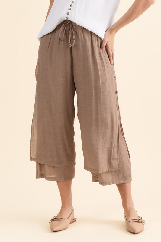 Watson Mocha Cotton Blend Layered Pants,brunette model,Front of Outfit,alt text|model:MJ