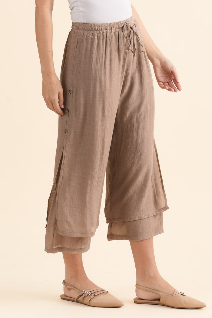 Watson Mocha Cotton Blend Layered Pants,brunette model,Side of Outfit,alt text|model:MJ